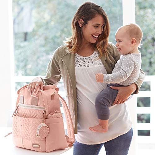 스킵 [아마존베스트]Skip Hop Skip Hop Suite 6-in-1 Diaper Backpack Set, Multi-Function Baby Travel Bag with Changing Pad, Stroller Straps, Bottle Bag and Pacifier Pocket, Vegan Leather, Blush with Gol