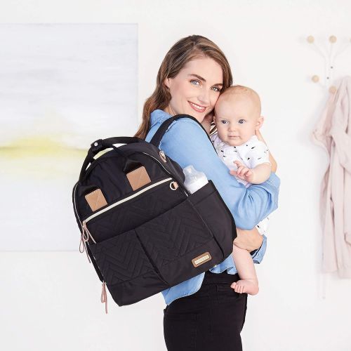 스킵 [아마존베스트]Skip Hop 200675, Multi-Function Baby Travel Bag with Changing Pad, Stroller Straps, Bottle Bag and Pacifier Pocket, Vegan Leather, Black with Gold Trim, Suite 6-in-1 Diaper Backpac