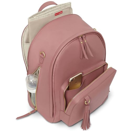 스킵 Skip Hop Diaper Bag Backpack, Greenwich Multi-Function Baby Travel Bag with Changing Pad and Stroller Straps, Vegan Leather, Dusty Rose with Gold Trim