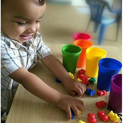  [아마존베스트]Skoolzy Rainbow Counting Bears with Matching Sorting Cups, Bear Counters and Dice Math Toddler Games 70pc Set - Bonus Scoop Tongs