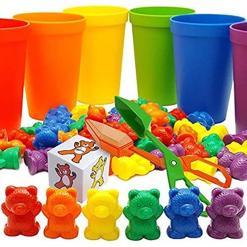  [아마존베스트]Skoolzy Rainbow Counting Bears with Matching Sorting Cups, Bear Counters and Dice Math Toddler Games 70pc Set - Bonus Scoop Tongs