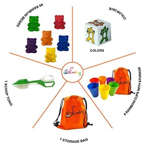  [아마존베스트]Skoolzy Rainbow Counting Bears with Matching Sorting Cups, Bear Counters and Dice Math Toddler Games 70pc Set - Bonus Scoop Tongs