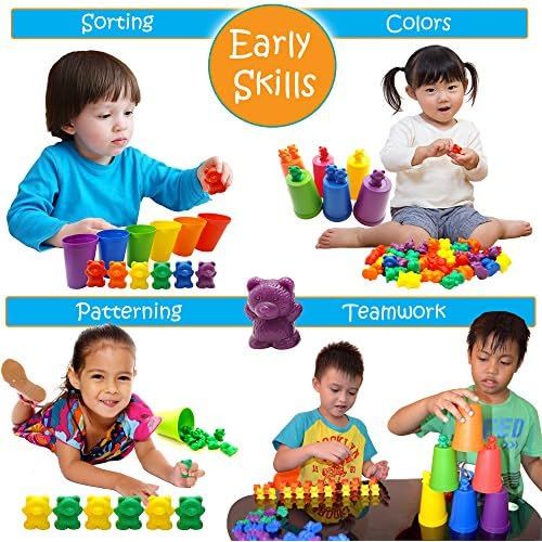  [아마존베스트]Skoolzy Rainbow Counting Bears with Matching Sorting Cups, Bear Counters and Dice Math Toddler Games 70pc Set - Bonus Scoop Tongs