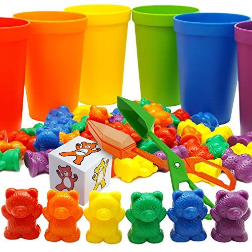  [아마존베스트]Skoolzy Rainbow Counting Bears with Matching Sorting Cups, Bear Counters and Dice Math Toddler Games 71pc Set - Bonus Scoop Tongs, Storage Bags…