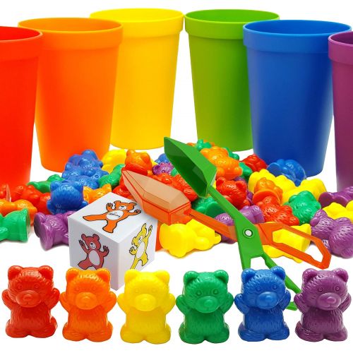  [아마존베스트]Skoolzy Rainbow Counting Bears with Matching Sorting Cups, Bear Counters and Dice Math Toddler Games 71pc Set - Bonus Scoop Tongs, Storage Bags…