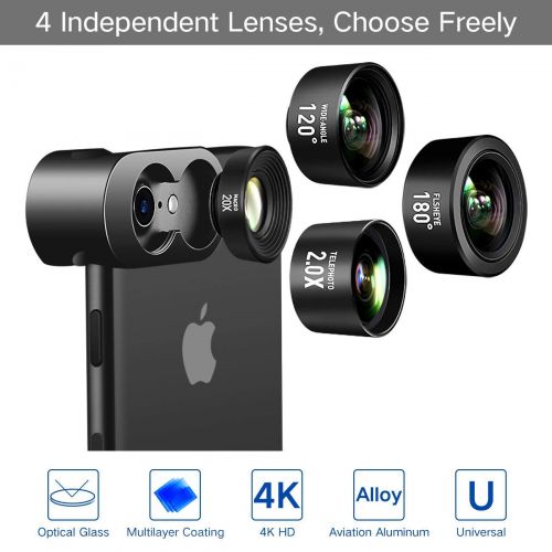  Skr Pro Cell Phone Camera Lens, SKR 4 in 1 Camera Lens Kit, 20X Macro Lens, 2.0X Zoom Telephoto Lens, 120°Wide Angle Lens, 180°Fisheye Lens for iPhone X877 Plus6s6s Plus65 & Samsung