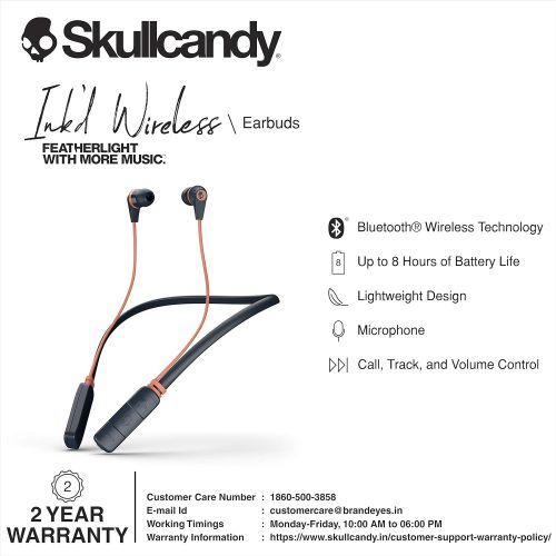  Skullcandy Inkd Bluetooth Wireless Earbuds with Microphone, Noise Isolating Supreme Sound, 8-Hour Rechargeable Battery, Lightweight with Flexible Collar, BlueSunset