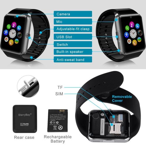  SkySweatproof Smart Watch Phone for iPhone 5s66s and 4.2 Android or Above SmartPhones (GT08-black)