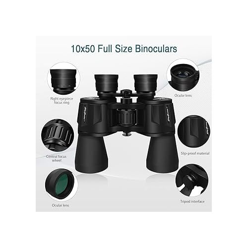  SkyGenius 10 x 50 Binoculars for Adults Powerful Full-Size, Clear Durable Binoculars for Bird Watching Sightseeing Wildlife Watching Traveling Stargazing with Low Light Night Vision