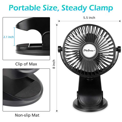  SkyGenius Battery Operated Stroller Fan, Rechargeable Battery/USB Powered Mini Clip on Fan with 3 Adjustable Speeds