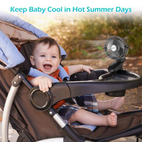  SkyGenius Battery Operated Stroller Fan, Rechargeable Battery/USB Powered Mini Clip on Fan with 3 Adjustable Speeds