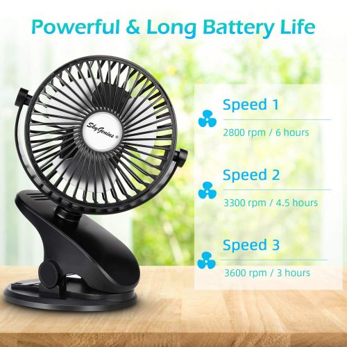  SkyGenius Battery Operated Stroller Fan, Rechargeable Battery/USB Powered Mini Clip on Fan with 3 Adjustable Speeds