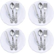 Skylety 4 Pieces 1:12 Scale Miniature Plates and 12 Pieces Knives Forks Spoons Metal Tableware Dollhouse Miniatures Porcelain Plate Set Dollhouse Kitchen Accessories Dollhouse Decoration A