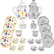 Skylety 30 Pieces Miniature Teapot Porcelain Tea Cup Set Flower Pattern Teapot Cup Plates Set Plum Blossom Porcelain Accessories Dollhouse Kitchen Accessories