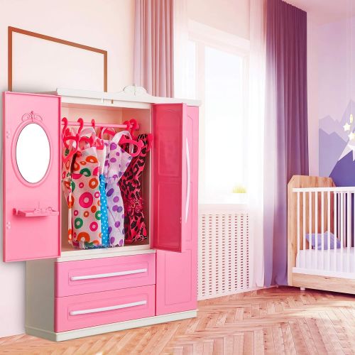  Skylety Doll Closet Furniture Wardrobe Clothing Organizer Doll Open Wardrobe Dollhouse Closet with 20 Pieces Doll Hangers 2 Style Pink Plastic Hangers Dollhouse Furniture Accessories (Clas