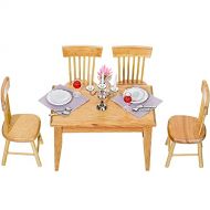 Skylety 5 Pieces 1/12 Dollhouse Mini Dining Table Chair Miniature Wooden Furniture Set with 14 Pieces Dollhouse Miniature Tableware, Wine Goblet Cups, Scale Mini Plates Knives Forks Spoons