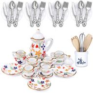 Skylety 37 Pieces 1:12 Scale Miniatures Dollhouse Kitchen Accessories Include 16 Mini Doll Plates Knife Fork Spoon, 6 Mini Egg Beater Utensil, 15 Mini Tea Cup Set for Doll Toy Supplies (Fl