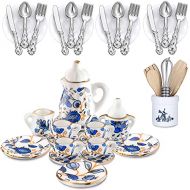 Skylety 37 Pieces 1:12 Scale Miniatures Dollhouse Kitchen Accessories Include 16 Mini Doll Plates Knife Fork Spoon, 6 Mini Egg Beater Utensil, 15 Mini Tea Cup Set for Doll Toy Supplies (Bl