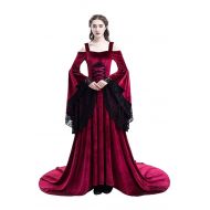 Skymecos Womens Medieval Lace Off Shoulder Irish Plus Size Dress Renaissance Victorian Gothic Gown Trumpet Sleeve Costume