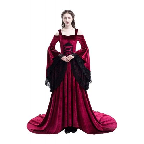  Skymecos Womens Medieval Lace Off Shoulder Irish Plus Size Dress Renaissance Victorian Gothic Gown Trumpet Sleeve Costume