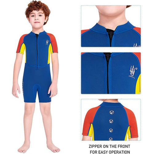  Skyone Neoprene Wetsuit Kids Girls Boys Toddler Shorty Thermal Swimsuit 2.5MM Scuba Suit for Teen Youth, One Piece Short Sleeve Child Diving Suits Warm Surf Suit Protection for Snorkeling