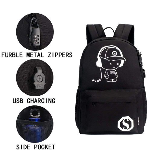  Skysep School Bags Anime Luminous Backpack Canvas Shoulder Daypack Boy Rucksack (Music Kid)
