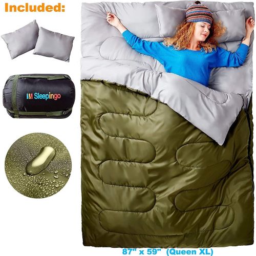  Sleepingo Double Sleeping Bag for Backpacking, Camping, Or Hiking - Queen Size XL for 2 People, Cold Weather, Waterproof Sleeping Bag for Adults Or Teens, Truck, Tent, Or Sleeping