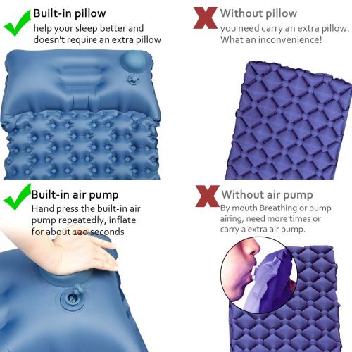  Sleepingo OPOLEMIN Sleeping Pad for Camping 2 Packs, Hand Press Inflatable Sleeping Pad, Compact Portable Camping Sleeping Mat with Pillow, Air Sleeping Pad with Connect Buckles for Outdoor