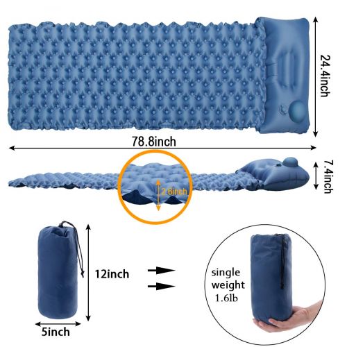  Sleepingo OPOLEMIN Sleeping Pad for Camping 2 Packs, Hand Press Inflatable Sleeping Pad, Compact Portable Camping Sleeping Mat with Pillow, Air Sleeping Pad with Connect Buckles for Outdoor