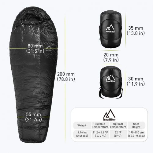  Sleepingo Terra Hiker Down Sleeping Bag, Outdoor Mummy Bag for Backpacking and Mountaineering with Ultra-Light Duck Down Filling, Max User Height 190 cm