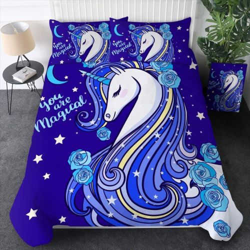  [아마존 핫딜] Sleepwish Comforter Duvet Cover and Pillow Sham Set Unicorn with Long Mane Pattern Dark Blue 3 Pieces Magical Unicorn Bedding Set for Boys Girls Teens Adults Twin