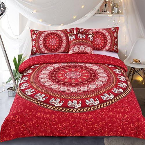  [아마존베스트]Sleepwish Elephant Mandala Duvet Cover Red Bohemian Bedding Hippie Bed Set Elephant Tapestry Bedding - Twin