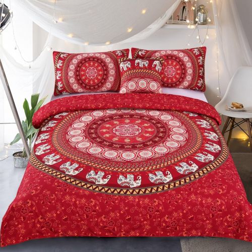  [아마존베스트]Sleepwish Elephant Mandala Duvet Cover Red Bohemian Bedding Hippie Bed Set Elephant Tapestry Bedding - Twin