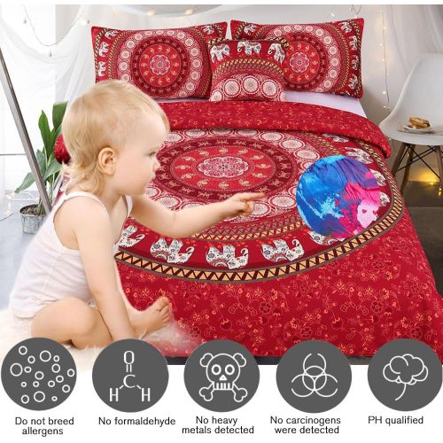  [아마존베스트]Sleepwish Elephant Mandala Duvet Cover Red Bohemian Bedding Hippie Bed Set Elephant Tapestry Bedding - Twin