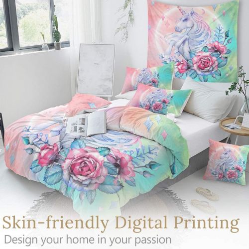  [아마존베스트]Sleepwish Unicorn Bedding Teen Magical Horse Rose Bedspreads 3 Piece Rose Pink Blue Bedding Unicorn Lovers Bedding Duvet Doona Cover Set (Twin)