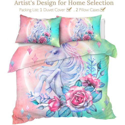  [아마존베스트]Sleepwish Unicorn Bedding Teen Magical Horse Rose Bedspreads 3 Piece Rose Pink Blue Bedding Unicorn Lovers Bedding Duvet Doona Cover Set (Twin)