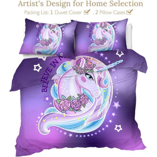  [아마존베스트]Sleepwish Purple Aqua Unicorn Bedding Sets Kids Girls Rose Unicorn Flower Duvet Cover Twin Dreamy Cartoon Bed Set 3 Pieces