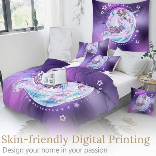  [아마존베스트]Sleepwish Purple Aqua Unicorn Bedding Sets Kids Girls Rose Unicorn Flower Duvet Cover Twin Dreamy Cartoon Bed Set 3 Pieces