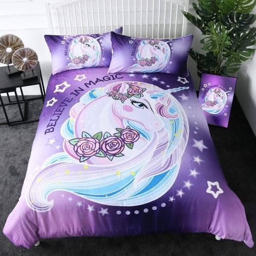  [아마존베스트]Sleepwish Purple Aqua Unicorn Bedding Sets Kids Girls Rose Unicorn Flower Duvet Cover Twin Dreamy Cartoon Bed Set 3 Pieces