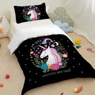 [아마존베스트]Sleepwish Unicorn Bedding 3 Piece Flower Girl Bedding Set Cartoon Unicorn Pink Black Bedspreads Cute Duvet Cover for Teens Unicorn Twin Bed Set