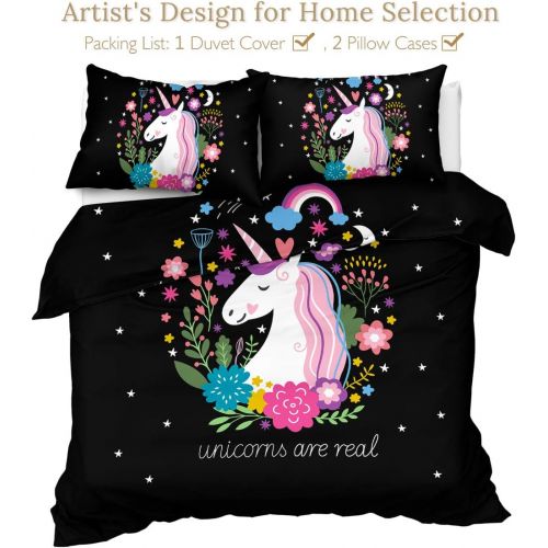 [아마존베스트]Sleepwish Unicorn Bedding 3 Piece Flower Girl Bedding Set Cartoon Unicorn Pink Black Bedspreads Cute Duvet Cover for Teens Unicorn Twin Bed Set