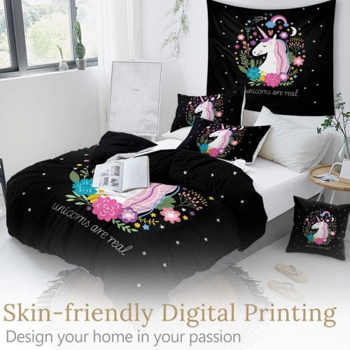  [아마존베스트]Sleepwish Unicorn Bedding 3 Piece Flower Girl Bedding Set Cartoon Unicorn Pink Black Bedspreads Cute Duvet Cover for Teens Unicorn Twin Bed Set