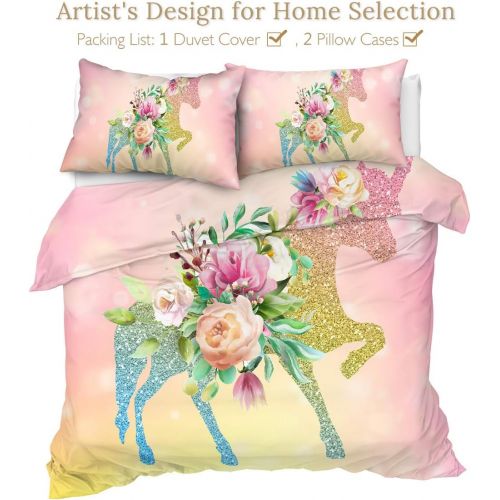  [아마존베스트]Sleepwish Glitter Unicorn Bedding Girl Trendy Pink Rose Duvet Cover Twin 3 Pieces Kids Magical Horse Pretty Bed Sets