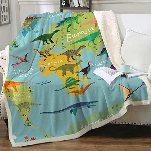  Sleepwish Sherpa Throw Blanket for Couch Sofa and Chair, Boys Dinosaur Blankets and Throws Super Soft Reversible Cozy and Plush (Blue Map,Twin 60x80)