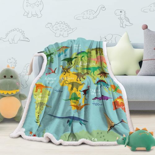  Sleepwish Sherpa Throw Blanket for Couch Sofa and Chair, Boys Dinosaur Blankets and Throws Super Soft Reversible Cozy and Plush (Blue Map,Twin 60x80)