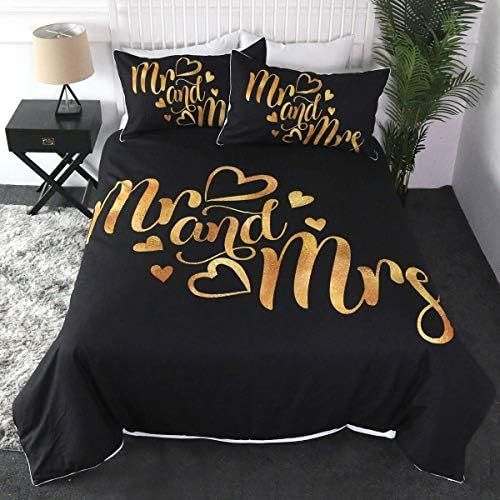  [아마존베스트]Sleepwish Luxury French Bedding Sets 3 Piece Letter Duvet Cover with Zipper Ties Couple Bedspreads Romantic Valentines Presents (Mr and Mrs Gold Glitter Letter,Full)