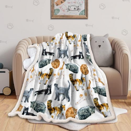  [아마존베스트]Sleepwish Cat Fleece Throw Blanket Hipster Cats Pattern Sherpa Plush Throw Blanket for Couch Bed Kids Girls Vintage Animal Blanket (60 x 80)