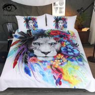 Sleepwish Lion by Pixie Cold Art Bedding Set Tribal Animal Bed Set Watercolor Flowers Feathers Duvet Covers for Teens Boys 3 Piece Native Bed Spread (Queen)