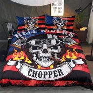 Sleepwish Biker Skull and American Flag Bedding 3 Pcs Smoking Motorcycle Skull Duvet Cover Boys Skeleton Bed Comforter Cover Set (Queen)