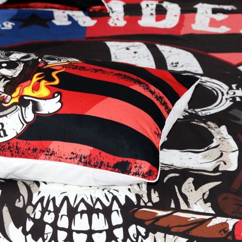  Sleepwish Biker Skull and American Flag Bedding 3 Pcs Smoking Motorcycle Skull Duvet Cover Boys Skeleton Bed Comforter Cover Set (Queen)